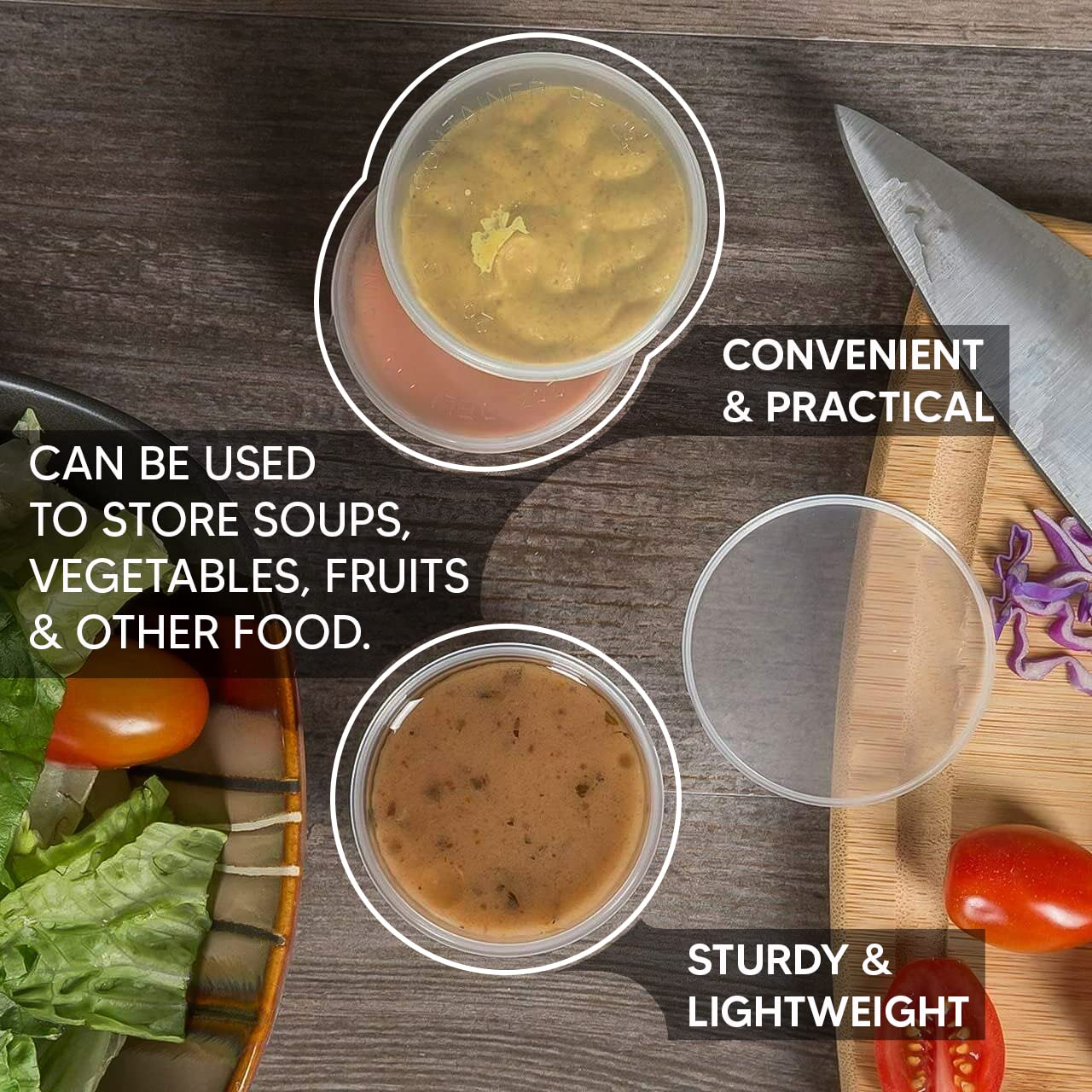 Venuscello® 100 x Deli Sauce Pots 2oz with Lid Round Food Container Tub for Ketchup Chutney Dips Salads Spices and more