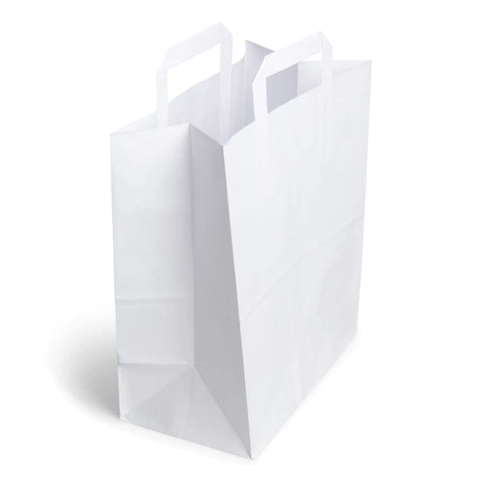 Venuscello® 50 x Paper Bags with Handles Takeaway SOS Food Carrier White Kraft Bag Flat Handle for Food Sweet Gifts Shopping Cloths Jewellery - 7" x 9" x 3.5"
