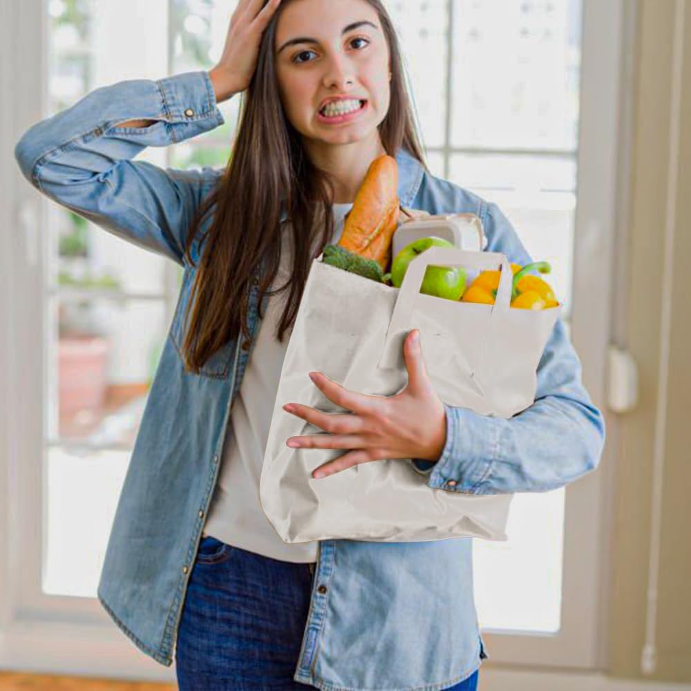 Venuscello® 50 x Paper Bags with Handles Takeaway SOS Food Carrier White Kraft Bag Flat Handle for Food Sweet Gifts Shopping Cloths Jewellery - 7" x 9" x 3.5"