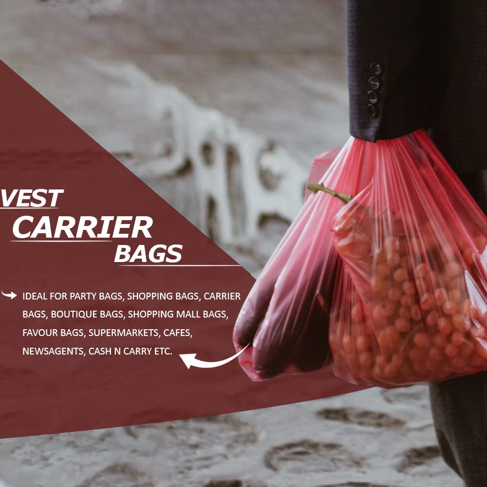 Venuscello® 2000 x Vest Style Carrier Bags Red Plastic 12" x 18" x 23" 18mu Heavy Duty Carry Bags for Vegetables Fruits Groceries Shopping