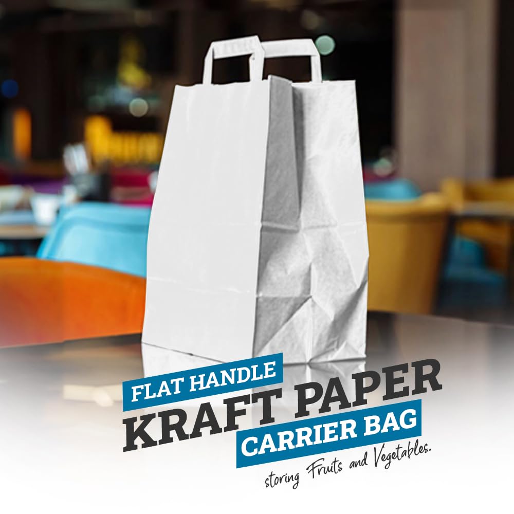 Venuscello® 50 x Paper Bags with Handles Takeaway SOS Food Carrier White Kraft Bag Flat Handle for Food Sweet Gifts Shopping Cloths Jewellery - 7" x 9" x 3.5"