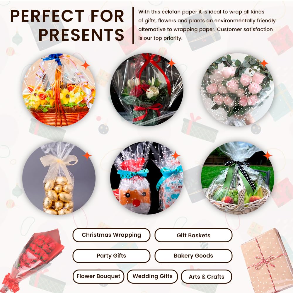 Venuscello® Cellophane Clear Wrap Roll 100m x 80cm Hamper Gift Wrapping Florist Paper for Wrapping Gift Hamper, Flower Craft Basket