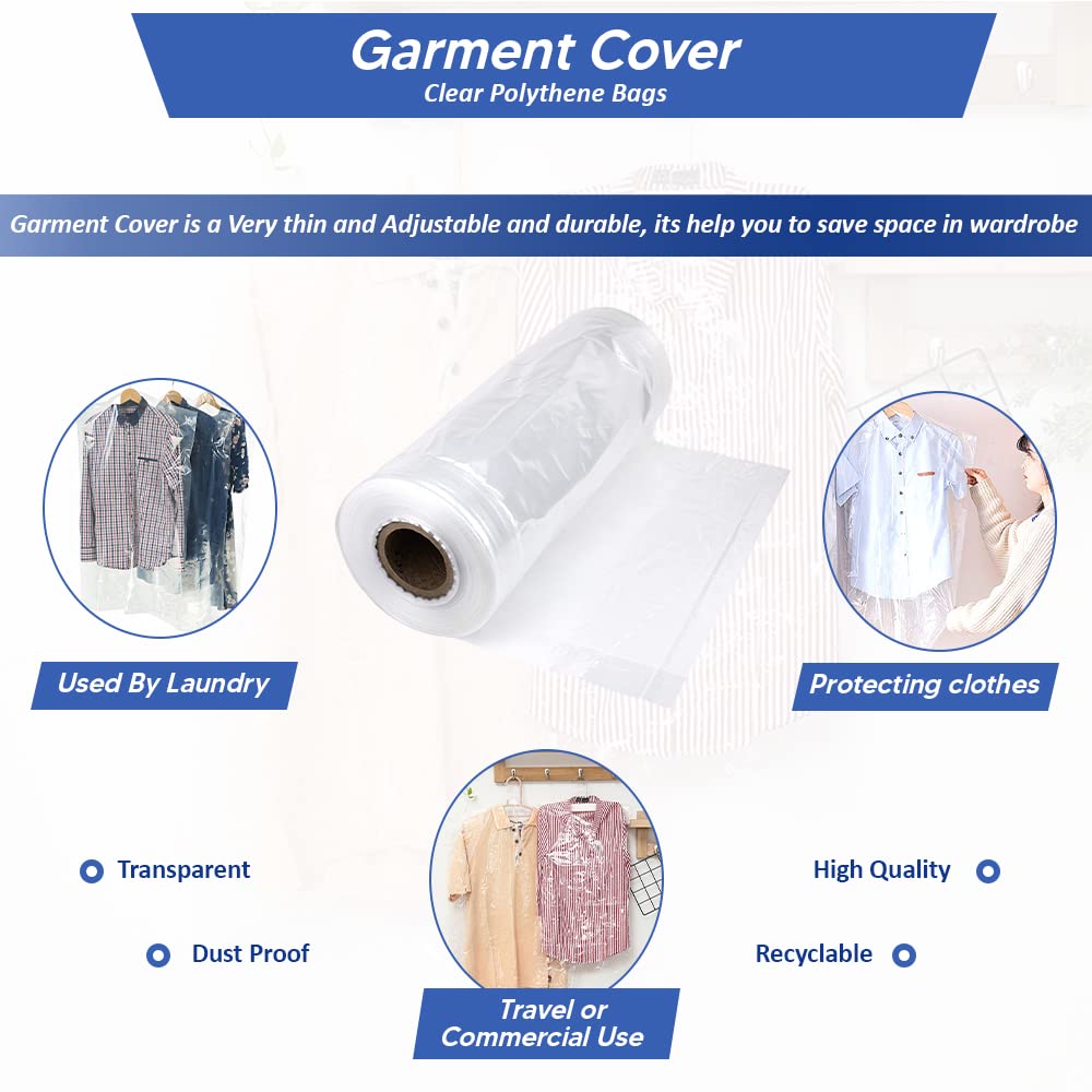 Venuscello® Garment Cloths Cover Bags on Roll 20" Clear Polythene for Carrying pressed Shirt, blazers, suits and dresses -100 Gauge
