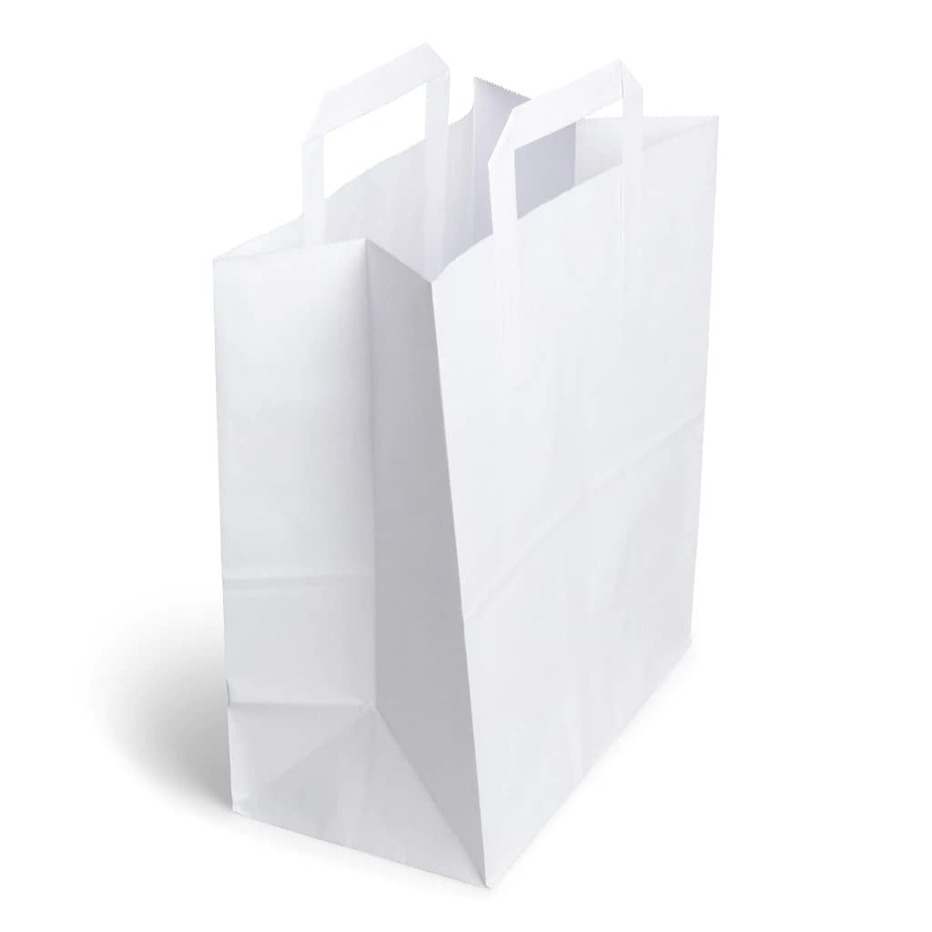 Venuscello® 100 x Paper Bags With Handles Takeaway Food Carrier White Kraft Bag with Flat Handle for Food Sweet Gifts Shopping Cloths Jewellery - 8.5" x 10" x 4.3"