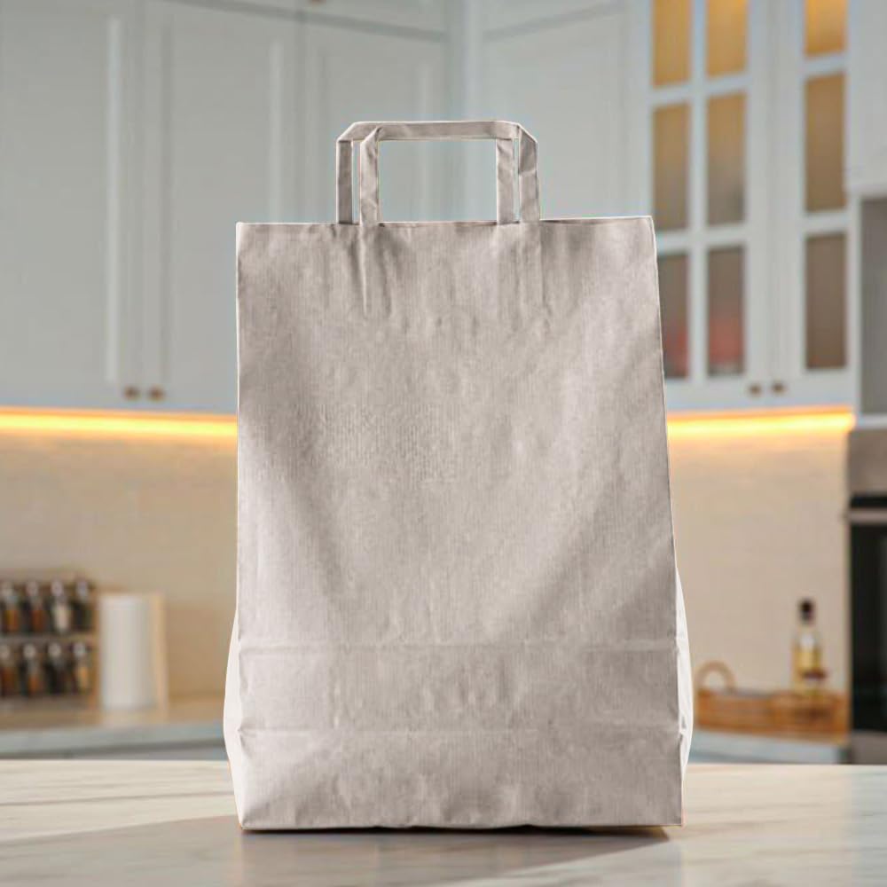 Venuscello® 100 x Paper Bags With Handles Takeaway Food Carrier White Kraft Bag with Flat Handle for Food Sweet Gifts Shopping Cloths Jewellery - 8.5" x 10" x 4.3"