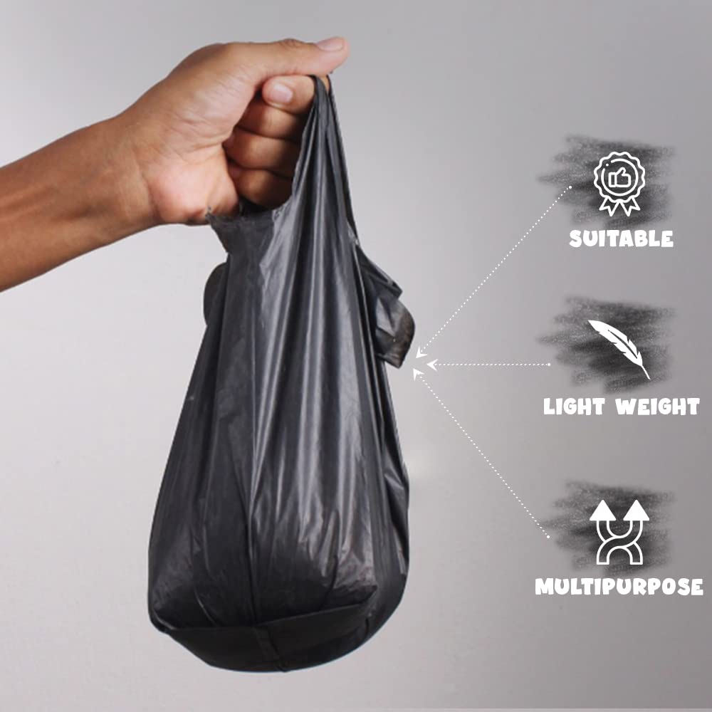 Venuscello® 500 x Vest Style Carrier Bags Black Plastic 8" x 13" x 18" 16mu Heavy Duty Carry Bags for Vegetables Fruits Groceries Shopping