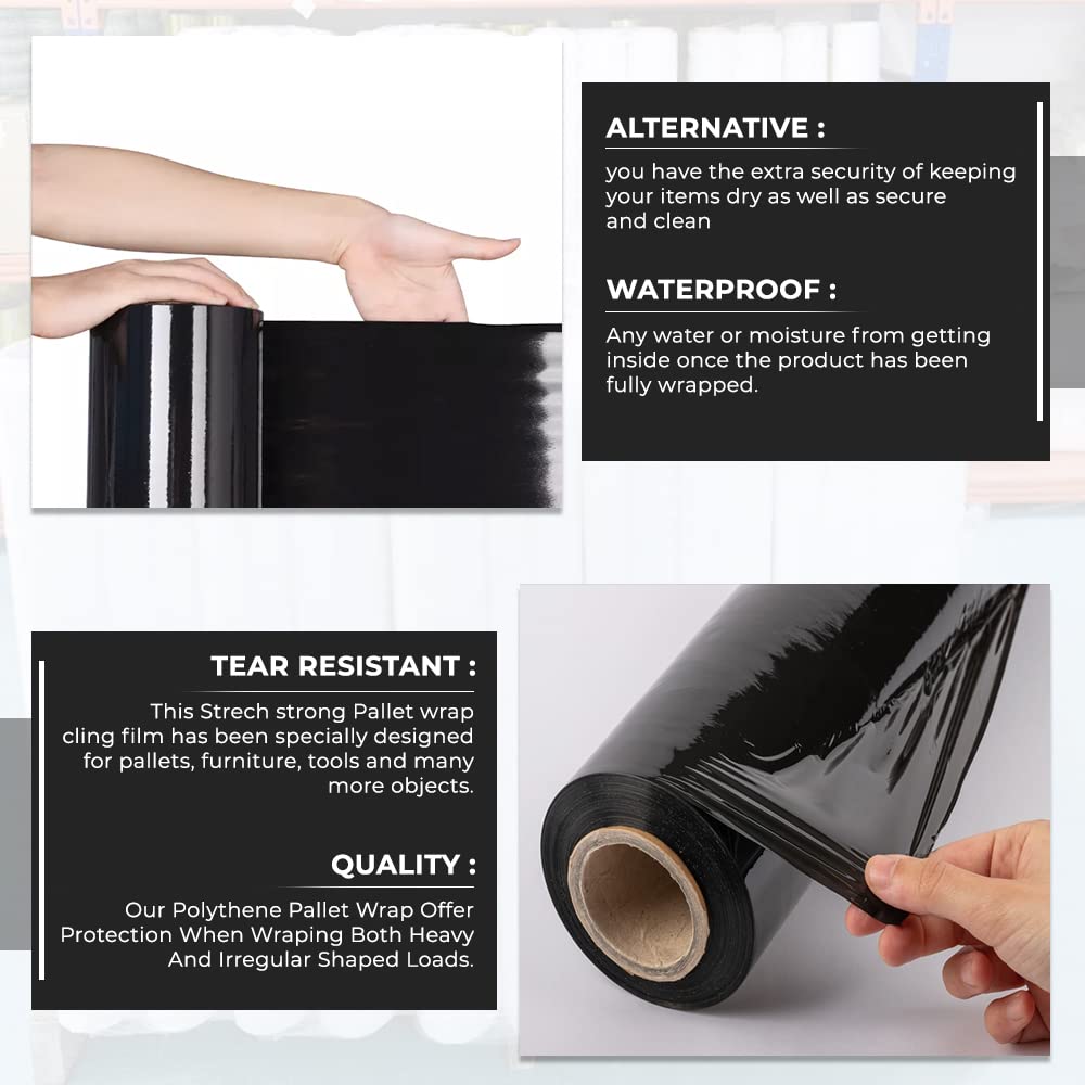 Venuscello® Pallet Wrap Shrink Wrapping Roll 400mm x 250m Black Non Extended Core Cling Film for Moving Secure Packaging & Shipping