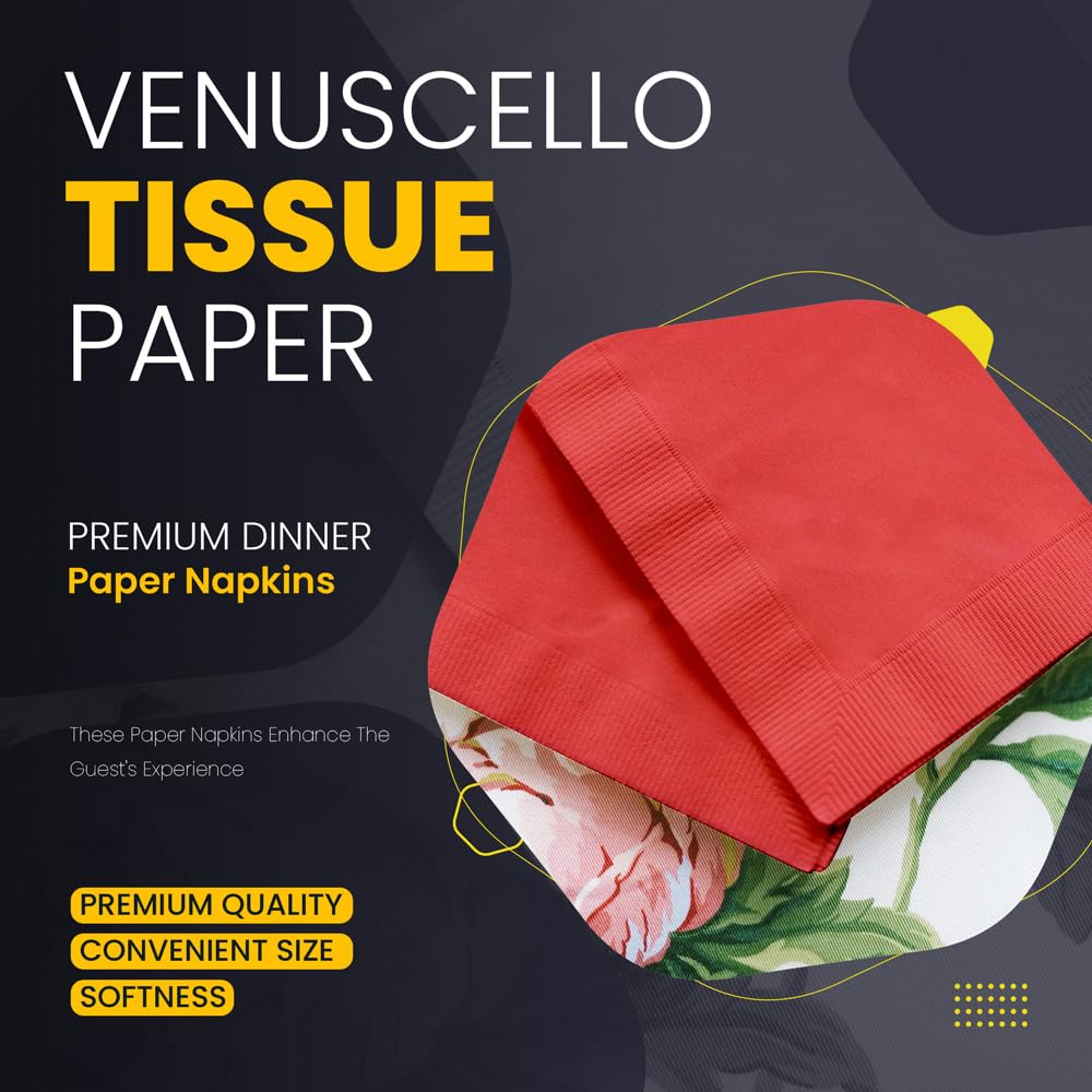 Venuscello® 100 x Serviettes Paper Napkins Red Disposable Recyclable Tissue 3 Ply 40cm for Catering Wedding Birthday Parties