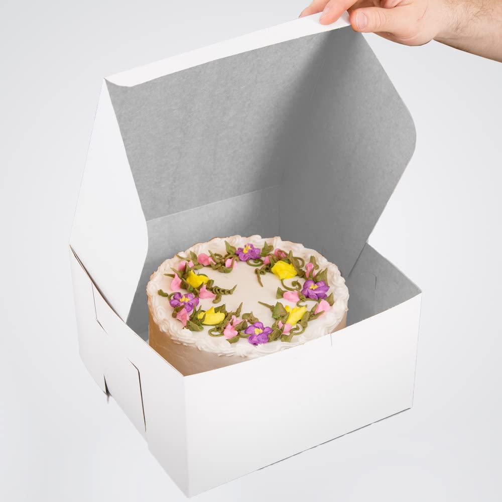 Venuscello® 50 x Cake Box Fold Flat Cardboard 8" X 8" X 3" Storage Container for Store Cup Cake Pastry Muffins, Dessert, Cookies & More - Disposable White