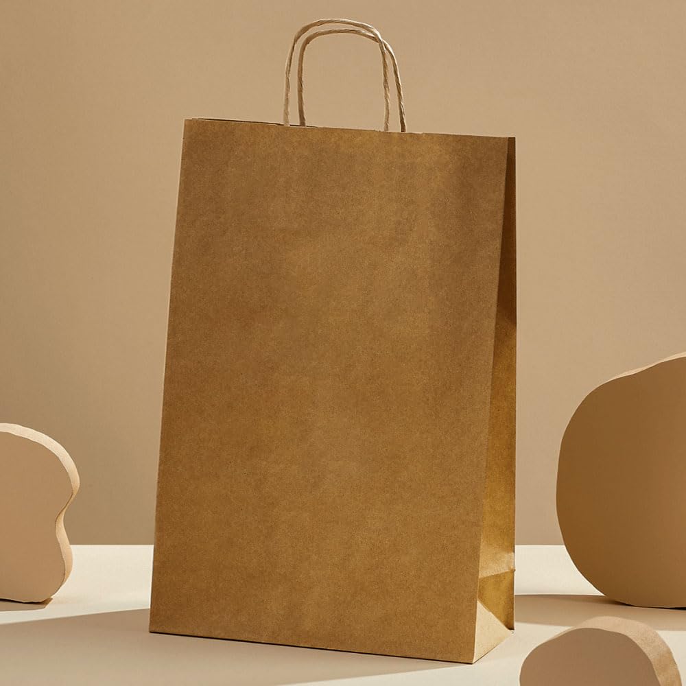Venuscello® 100 x Twisted Handle Paper Bags 32.51cm x 41.65cm x 12.19cm Brown Kraft Carrier Party Bag for Shopping Cloths & Jewellery - 12.8 x 16.4 + 4.8 in