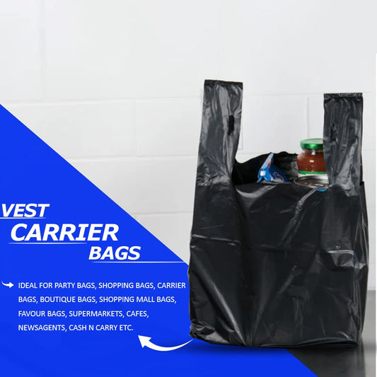 Venuscello® 4000 x Vest Style Carrier Bags Black Plastic 11" x 17" x 21" Heavy Duty Carry Bags for Vegetables Fruits Groceries Shopping