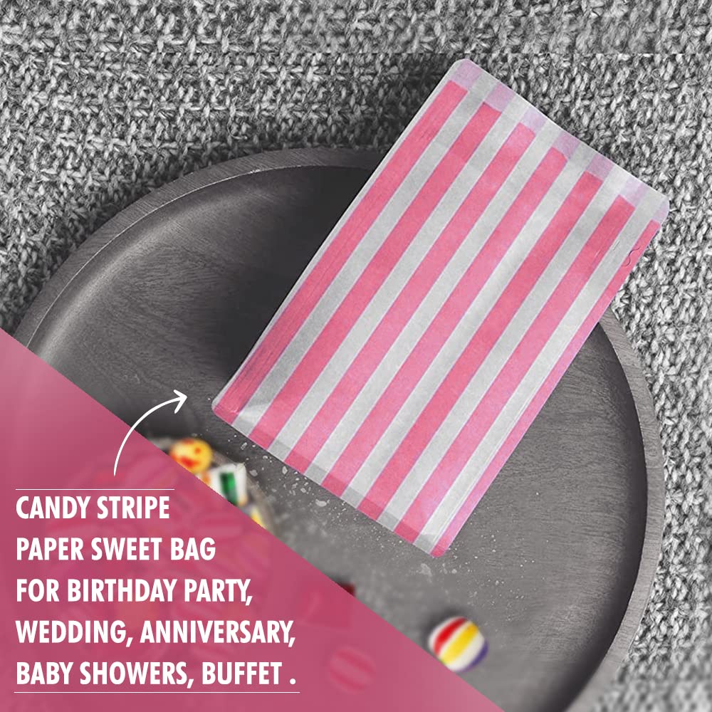 'Venuscello® Candy Stripe Paper Sweet Bag for Birthday Party, Wedding, Anniversary, Baby Showers, Buffet & Cake Shop - Pink - 5" x 7" - 200 Pc'