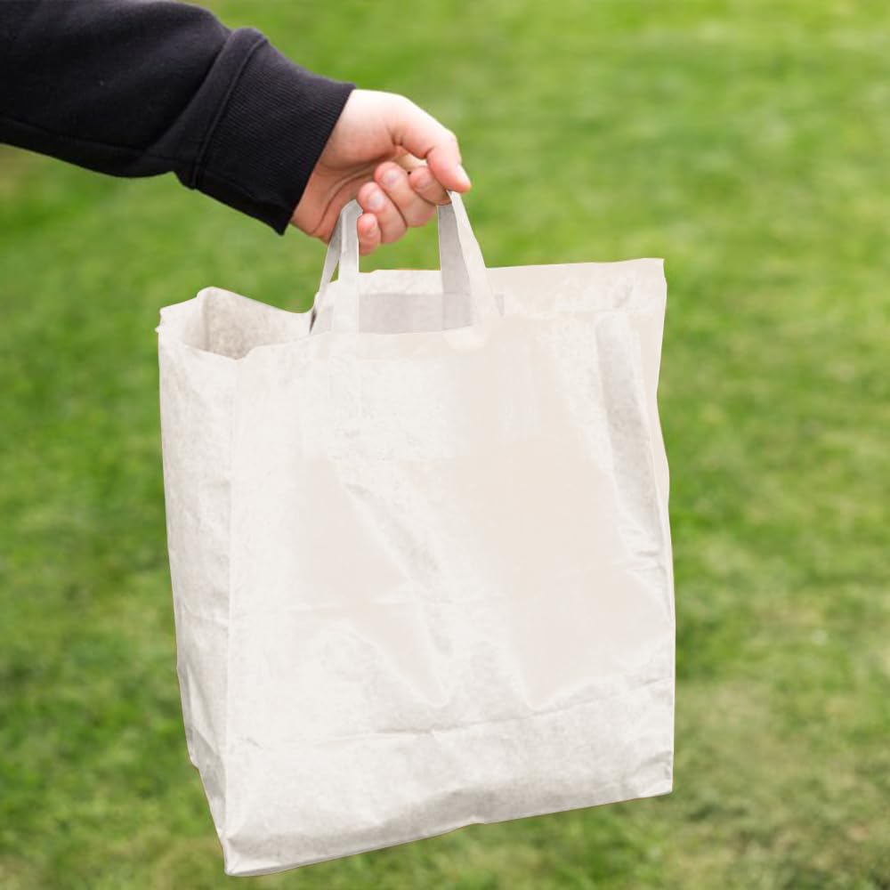 Venuscello® 50 x Paper Bags with Handles Takeaway SOS Food Carrier White Kraft Bag Flat Handle for Food Sweet Gifts Shopping Cloths Jewellery - 8.5" x 10" x 4.3"