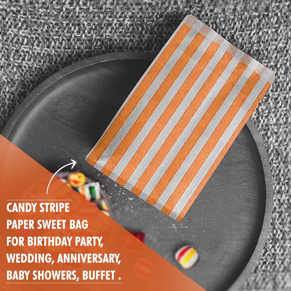 Venuscello® 100 x Candy Bags Orange Striped Sweet Paper Bag 5" x 7" / 12.7 x 17.8cm / 127 x 178mm for Sweets Christmas Party Halloween Wedding & Baby Shower