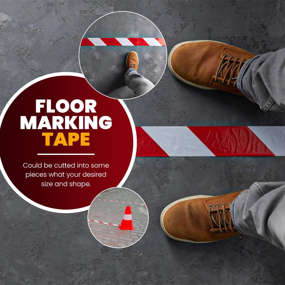 Venuscello® - Pack of 6 Red and White Floor Marking Tape - 48mm x 33m - High Visibility, Durable Adhesive, Safety Tape for Hazardous Areas, Aisles, and Traffic Control
