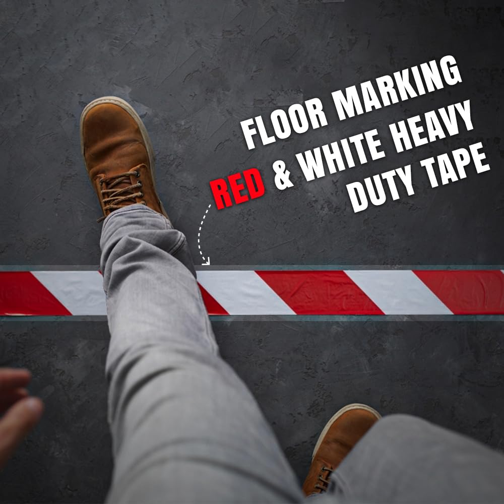 Venuscello® - Pack of 6 Red and White Floor Marking Tape - 48mm x 33m - High Visibility, Durable Adhesive, Safety Tape for Hazardous Areas, Aisles, and Traffic Control