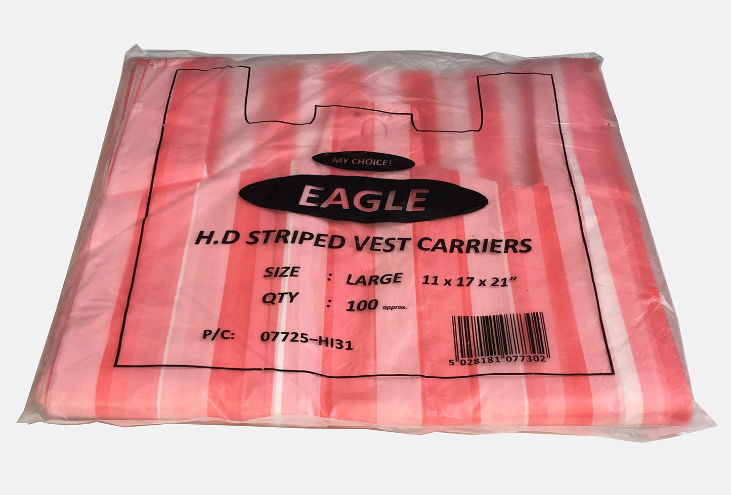 Venuscello® 200 x Vest Style Striped Carrier Bags Pink Plastic 11" x 17" x 21" 14mu Heavy Duty Carry Bags for Vegetables Fruits Groceries Shopping