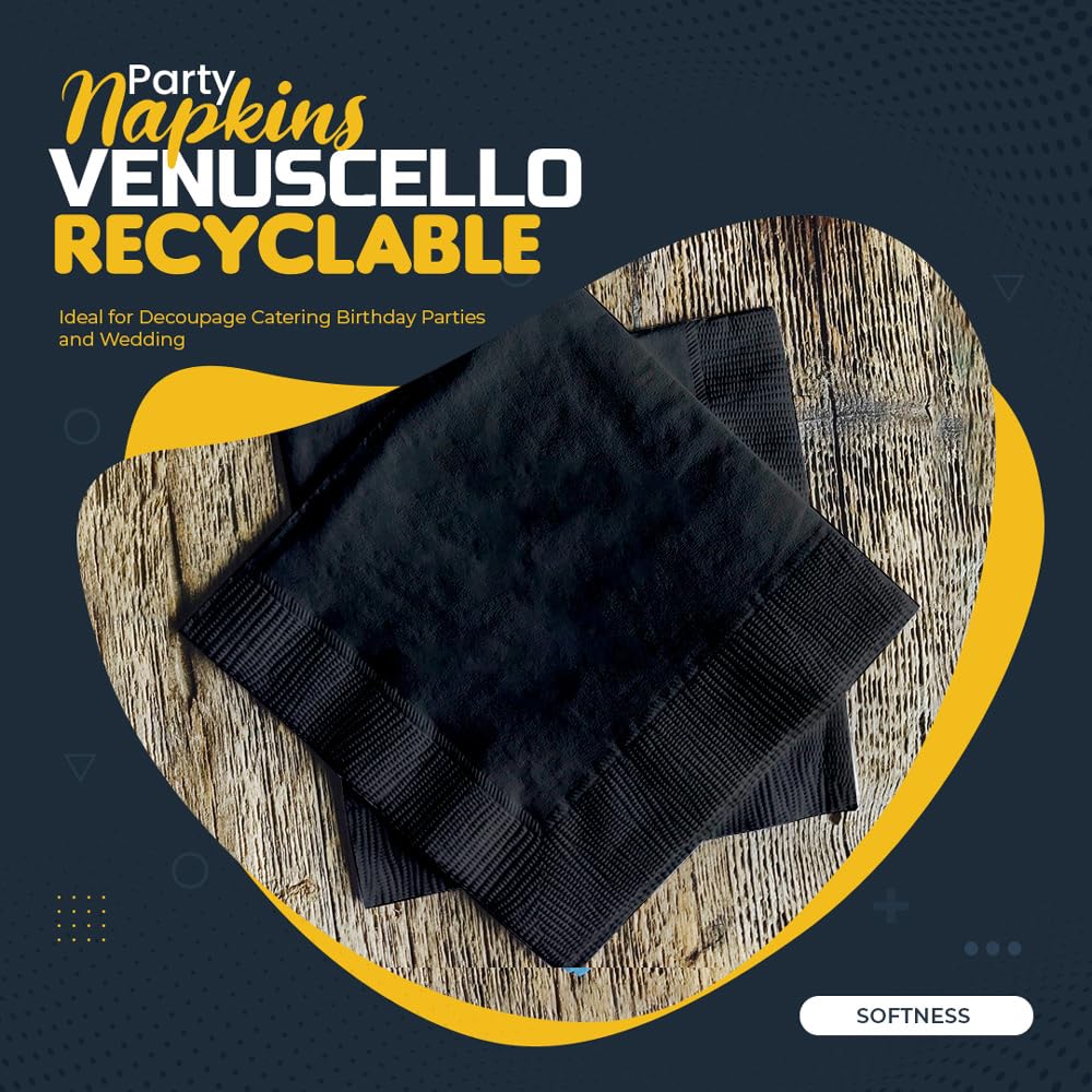 Venuscello® 100 x Black Serviettes Tissue Paper Napkins 2-Ply 33cm for Catering Wedding Birthday Parties - 100 in Each Pack