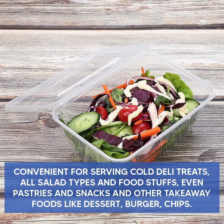 Venuscello® 100 x Clear Plastic Salad Containers Hinged Lid 750cc Food Takeaway Storage Container Reusable Washable Stackable Leakproof Lid for Freezing Food Long Term