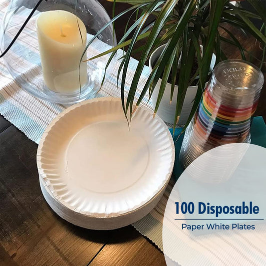 Venuscello® 100 x Paper Plates 15 cm White Disposable Bagasse Dishes for Catering Birthday Party Buffet