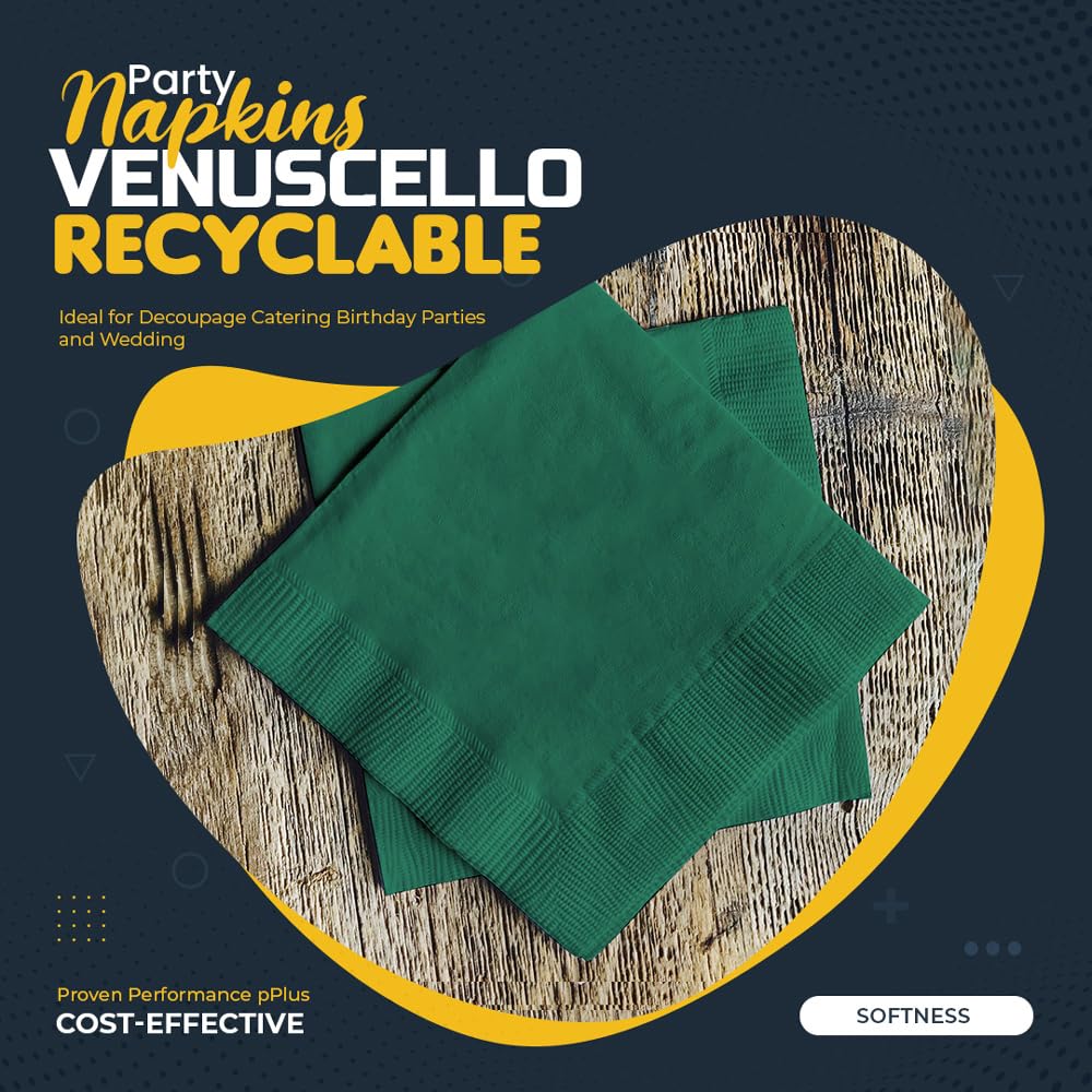 Venuscello® 2000 x Cocktail Serviettes Tissue Paper Napkins 2ply Green Disposable & Recyclable for Wedding, Birthday Party - 23cm x 23cm