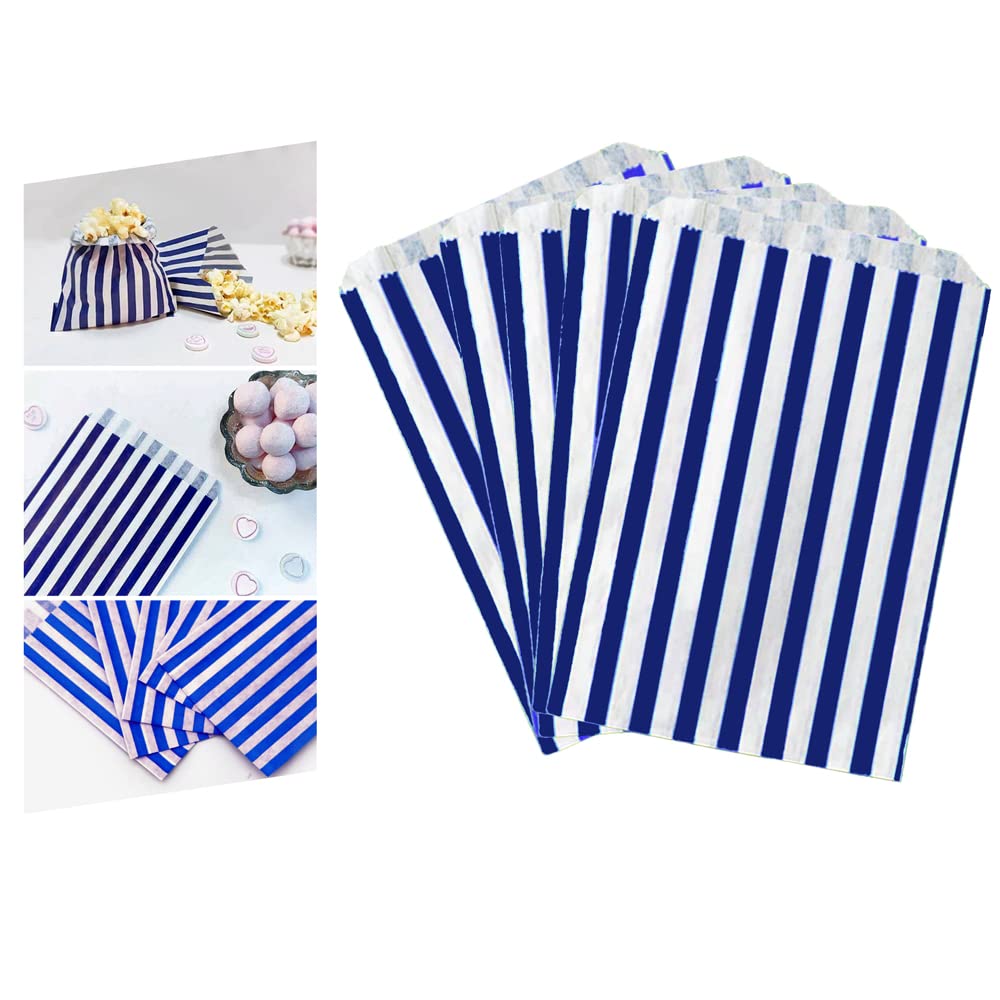 Venuscello® 100 x Candy Bags Blue Striped Sweet Paper Bag 5" x 7" for Sweets Christmas Party Halloween Wedding & Baby Shower