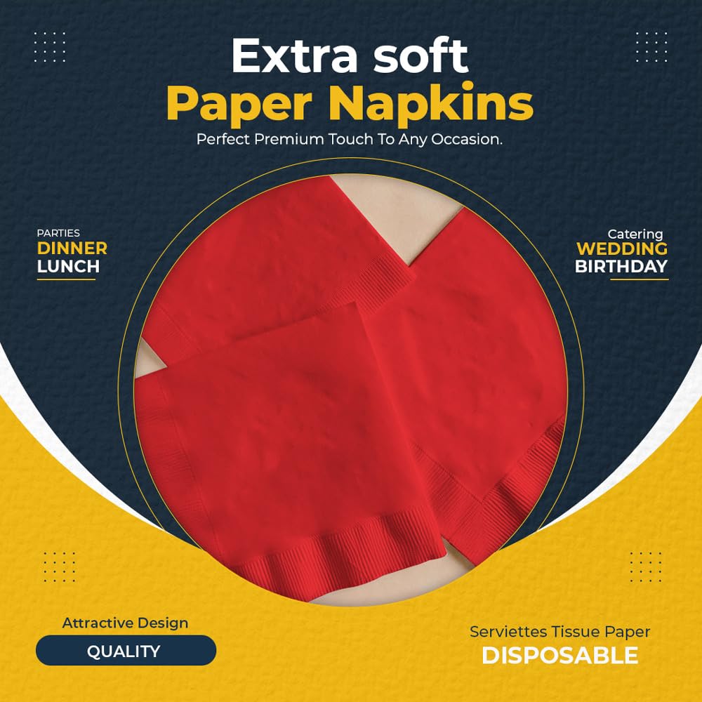 Venuscello® 4000 x Cocktail Serviettes Tissue Paper Napkins 2ply Red Disposable & Recyclable for Wedding, Birthday Party - 23cm x 23cm