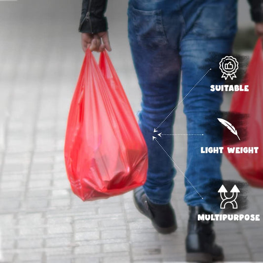 Venuscello® 300 x Vest Style Carrier Bags Red Plastic 11" x 17" x 21" 18mu Heavy Duty Carry Bags for Vegetables Fruits Groceries Shopping