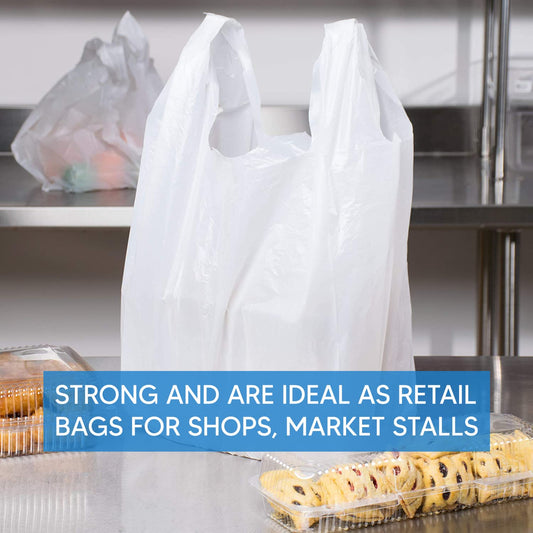 Venuscello® 2000 x Vest Style Carrier Bags White Plastic 8" x 13" x 18" 16mu Heavy Duty Carry Bags for Vegetables Fruits Groceries Shopping