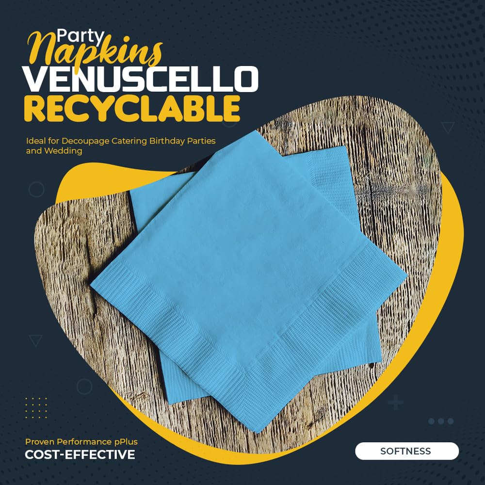 Venuscello 100 Pack Sky Blue Paper Napkins 2-Ply Disposable Table Napkins - Soft and Strong Paper Serviettes for All Occasions - Everyday Tissues for Cleaning Spills & Wiping Surfaces