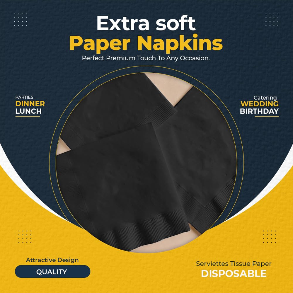 Venuscello® 100 x Serviettes Tissue Paper Napkins Black 2-Ply 33cm for Catering Wedding Birthday Parties