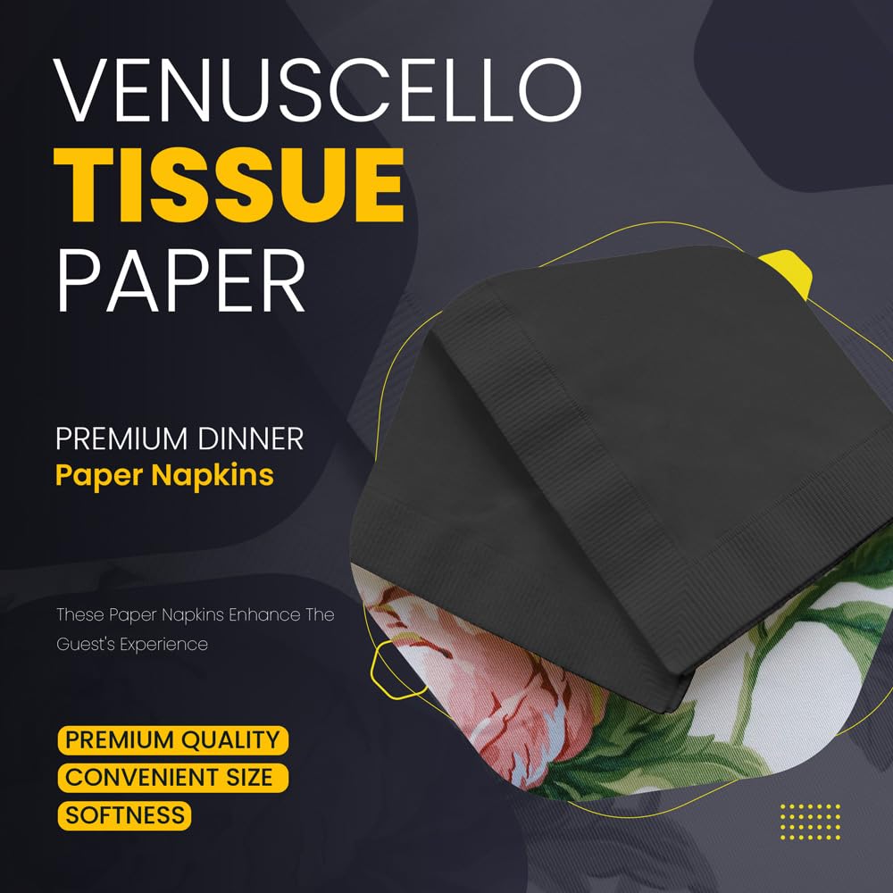Venuscello® 100 x Serviettes Tissue Paper Napkins Black 2-Ply 33cm for Catering Wedding Birthday Parties