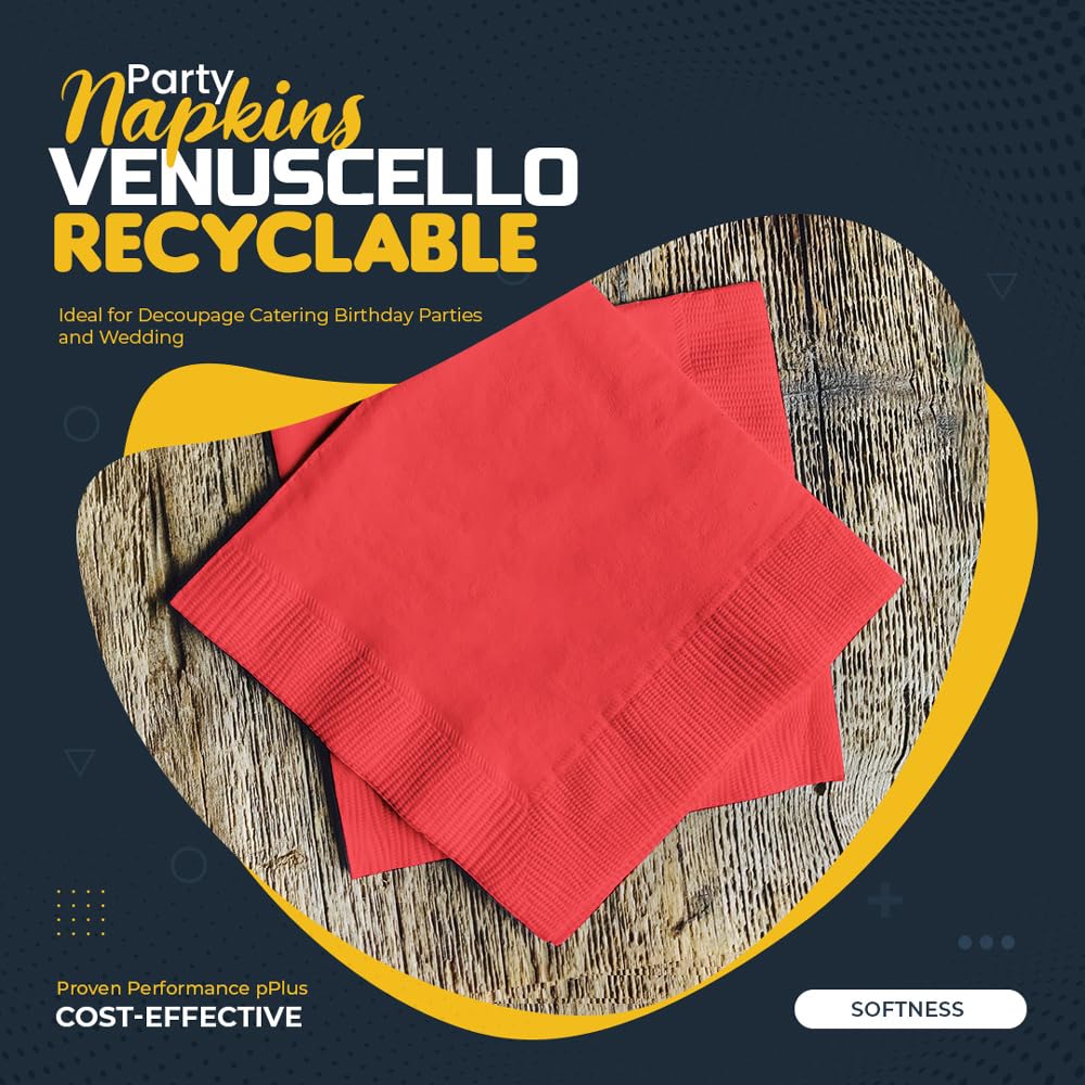 Venuscello® 600 x Red Serviettes Tissue Paper Napkins 2ply Red Disposable & Recyclable for Wedding, Birthday Party - 23cm x 23cm