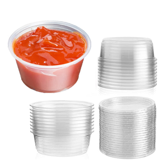 Venuscello® 100 x Deli Sauce Pots with Lids Round Clear Plastic Food Takeaway Container Freezer Microwave Safe for Chutney Ketchup Dips Salads Spices and more - 2oz