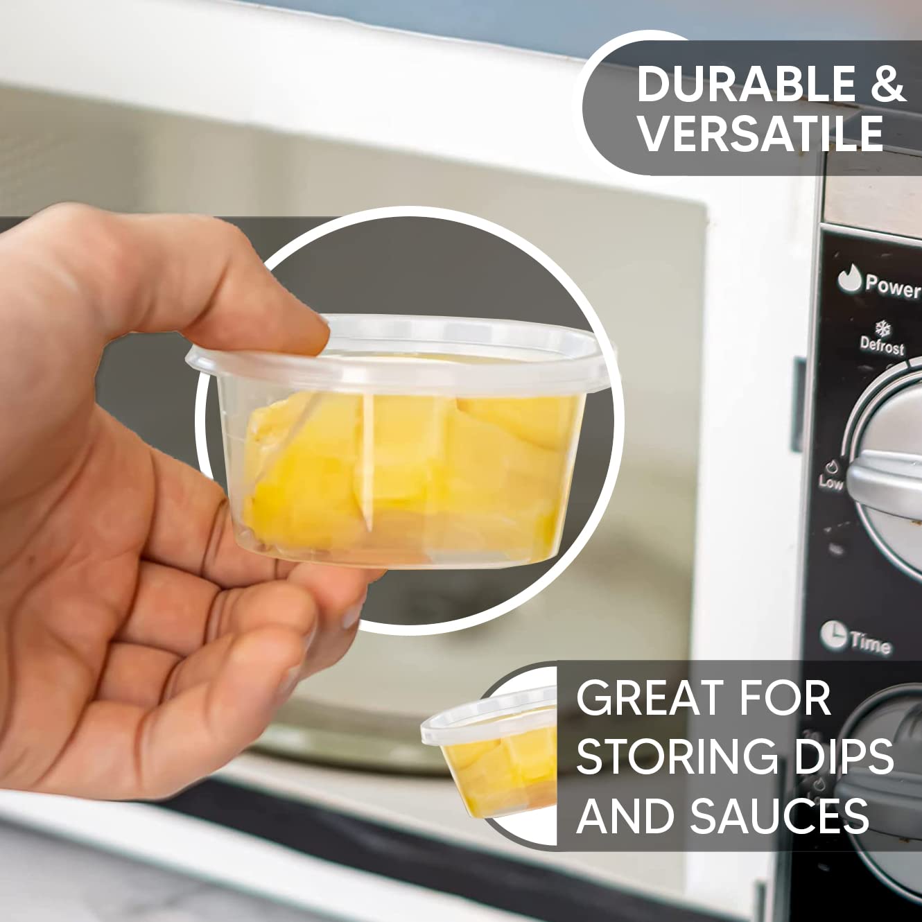 Venuscello® 100 x Deli Sauce Pots with Lids Round Clear Plastic Food Takeaway Container Freezer Microwave Safe for Chutney Ketchup Dips Salads Spices and more - 2oz