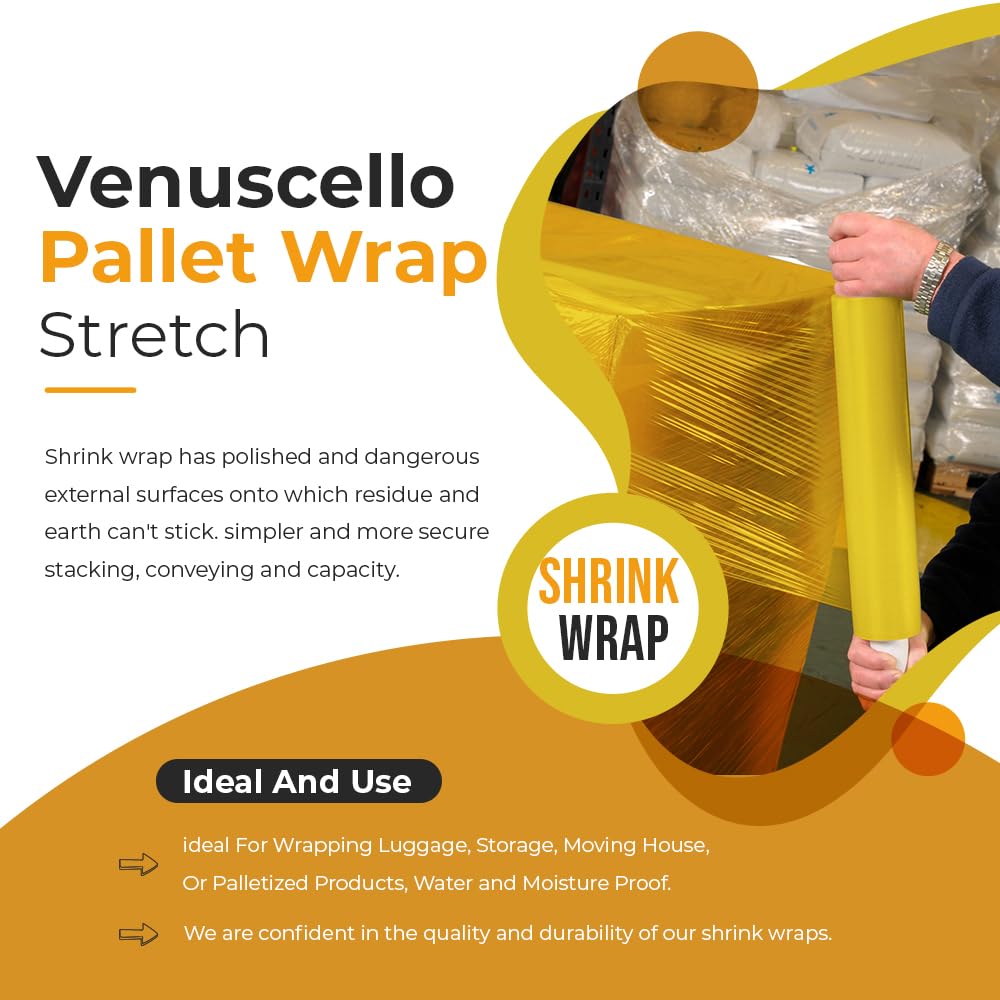 Venuscello® 2 x Pallet Stretch Shrink Cling Film 400mm x 250m 20mu Yellow Extended Core Wrap Rolls for Moving, Secure Packaging, Wrap Parcel for Secure Shipping