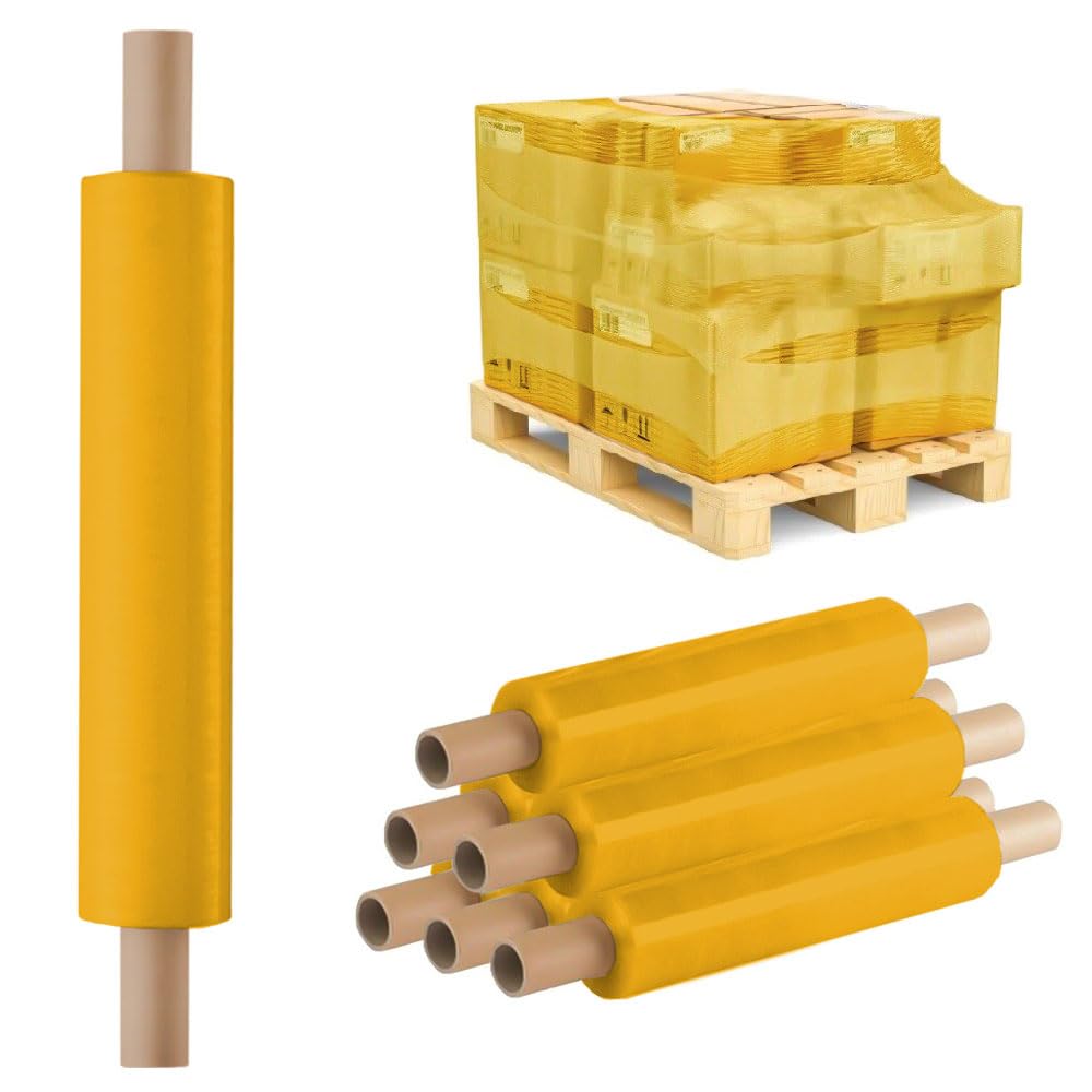 Venuscello® 2 x Pallet Stretch Shrink Cling Film 400mm x 250m 20mu Yellow Extended Core Wrap Rolls for Moving, Secure Packaging, Wrap Parcel for Secure Shipping
