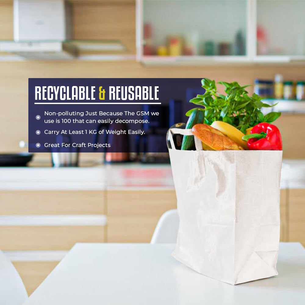 Venuscello® 100 x Paper Bags with Handles Food Takeaway White Kraft Flat Carrier Use for Bar Restaurants Picnic Shopping Party Jewellery - 10" x 12" x 5.3" Large