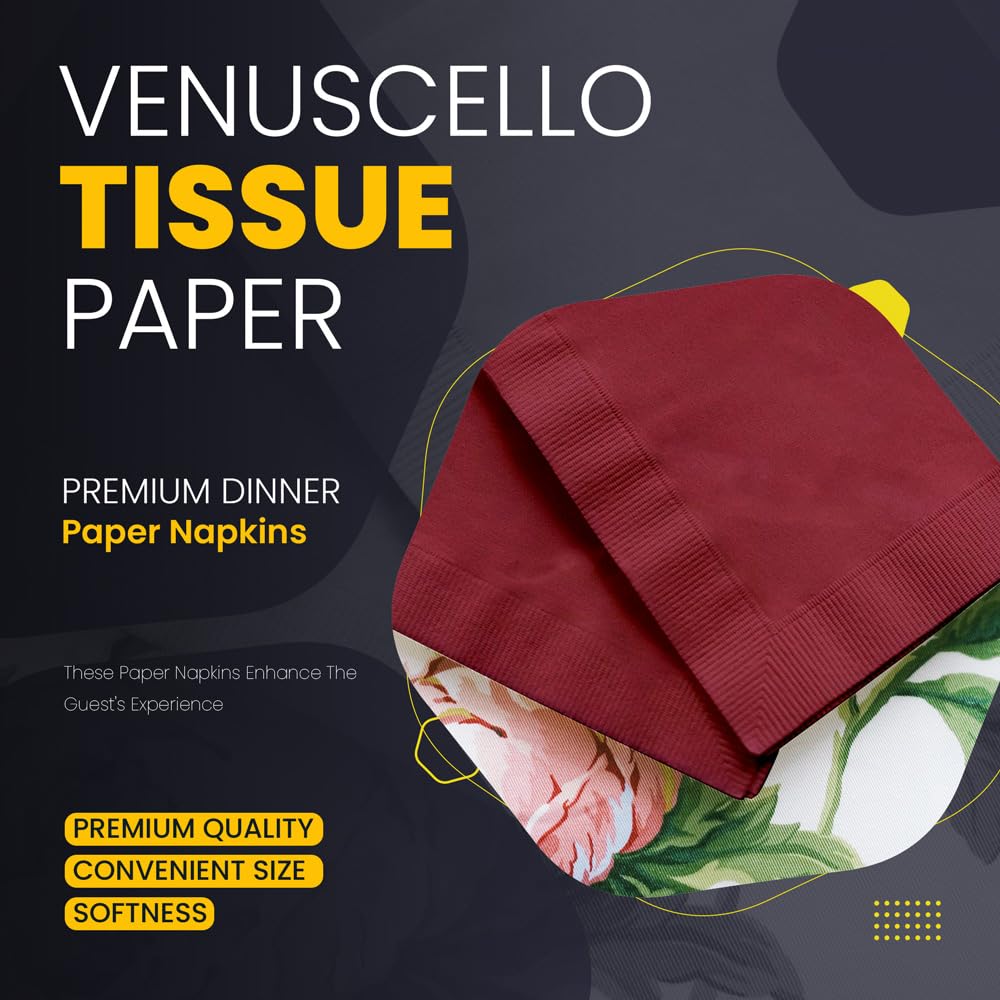 Venuscello® 600 x Cocktail Serviettes Tissue Paper Napkins 2ply Burgundy Disposable & Recyclable for Wedding, Birthday Party - 23cm x 23cm