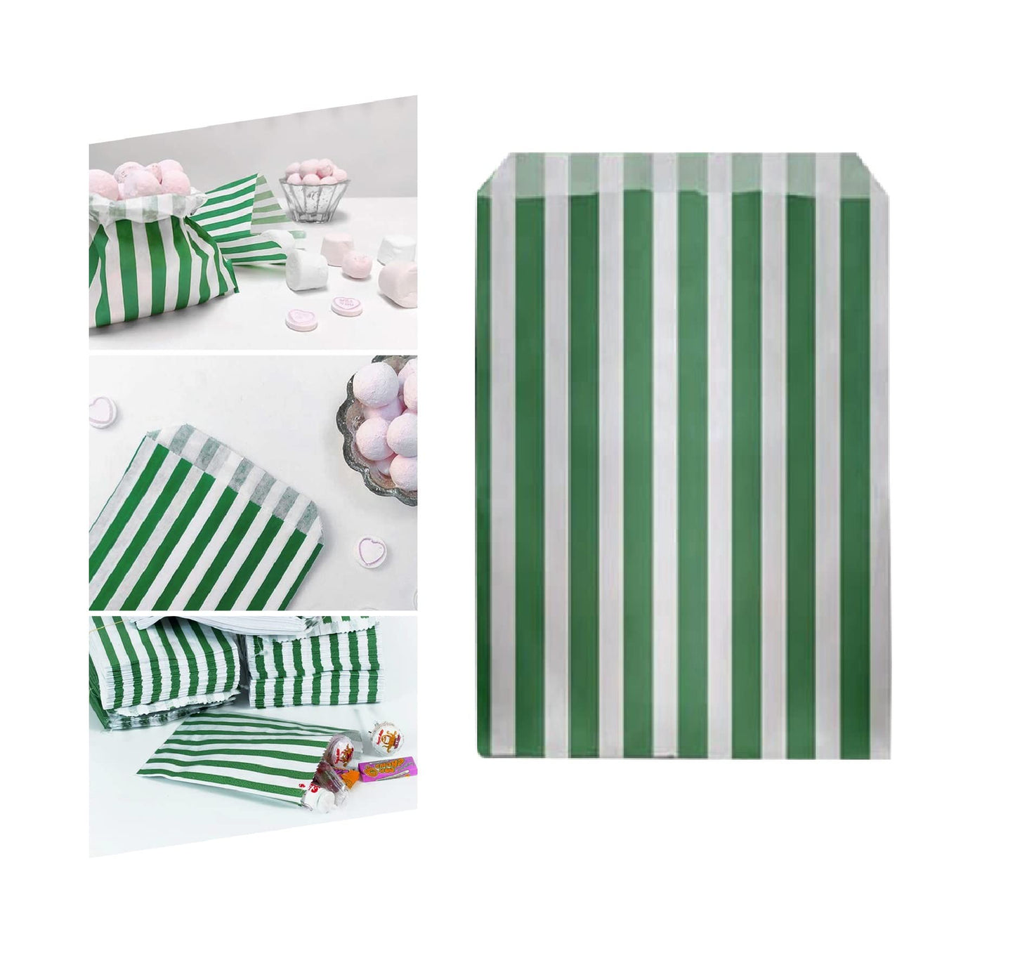 Venuscello® 100 x Candy Bags Green Striped Sweet Paper Bag 5" x 7" for Sweets Christmas Party Halloween Wedding & Baby Shower