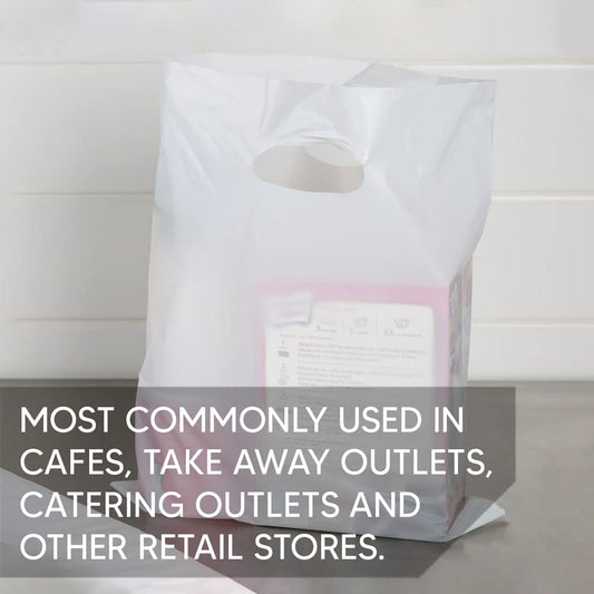 Venuscello® 100 x White Patch Handle Carrier Bags 15" x 18" x 3" Plastic Die Cut Handle Carrier Bag for Apparel Jewellery Gifts