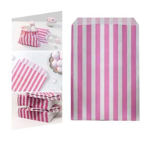 Venuscello® 200 x Candy Bags Pink Striped Sweet Paper Bag 7" x 9" for Sweets Christmas Party Halloween Wedding & Baby Shower