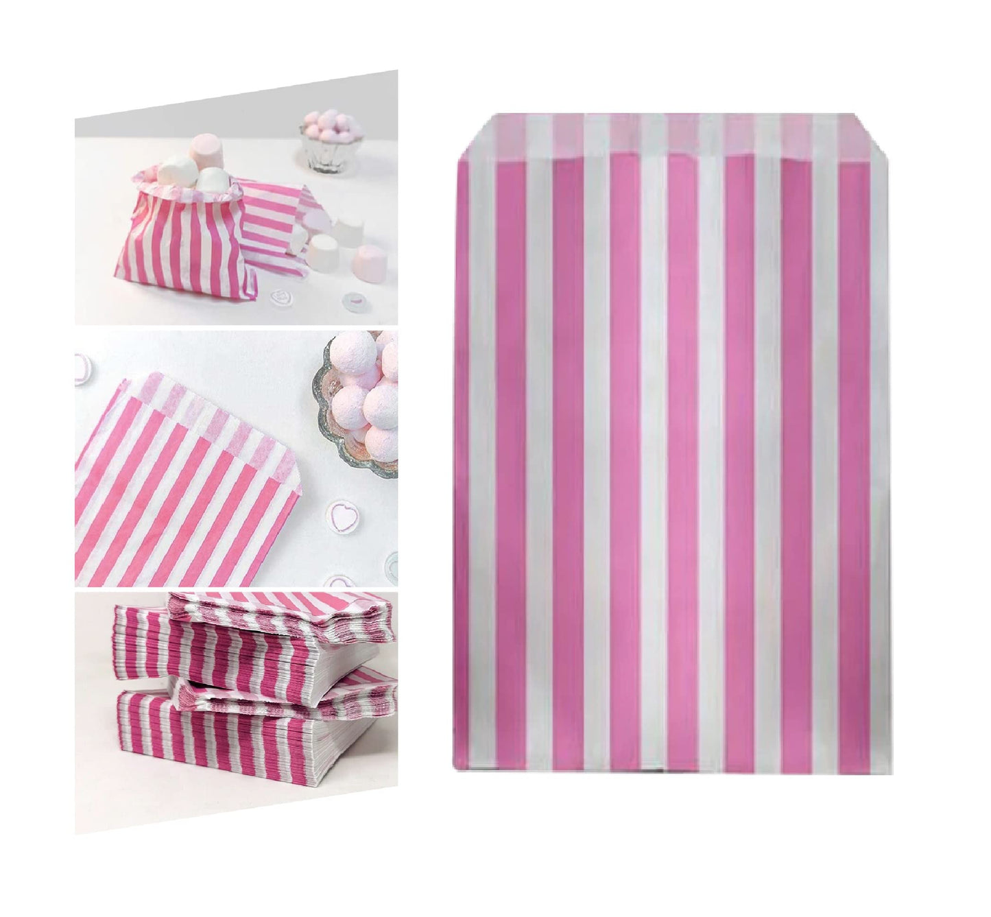 Venuscello® 300 x Candy Bags Pink Striped Sweet Paper Bag 5" x 7" for Sweets Christmas Party Halloween Wedding & Baby Shower