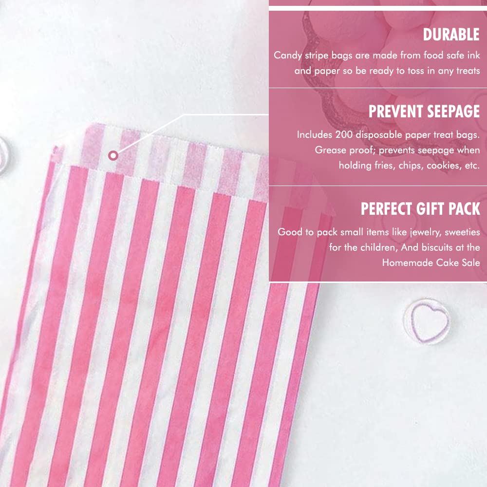 Venuscello® 200 x Candy Bags Pink Striped Sweet Paper Bag 7" x 9" for Sweets Christmas Party Halloween Wedding & Baby Shower