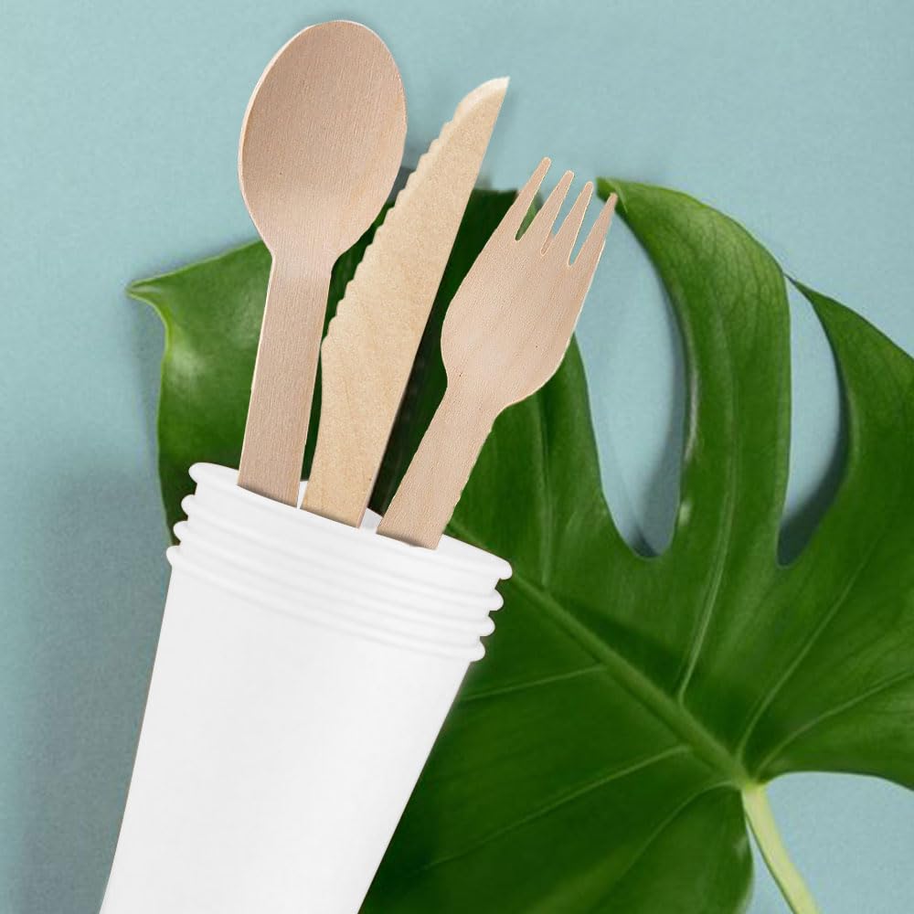 Venuscello® 300 x Disposable Wooden Cutlery Set Biodegradable - 100 Forks, 100 Spoons, and 100 Knives Eco-Friendly & Compostable - Wooden Cutlery for Picnic, Travel and Camping