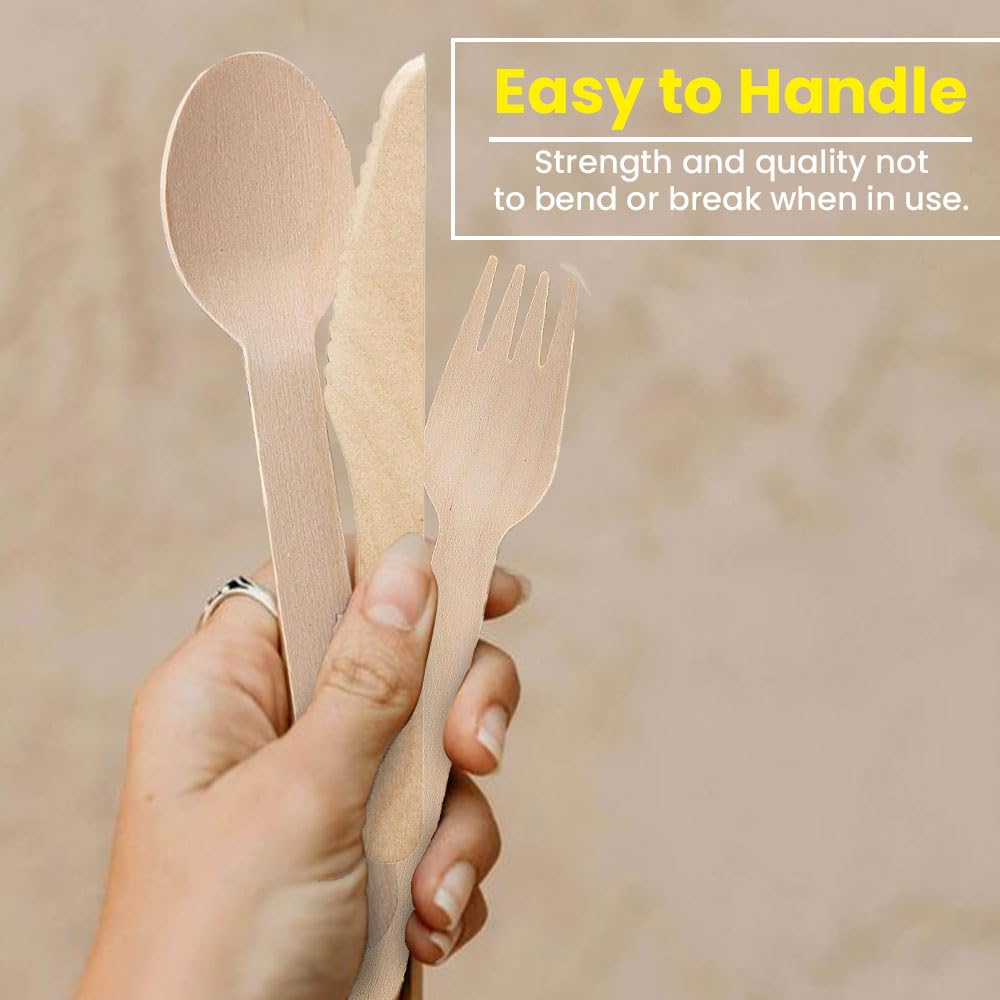 Venuscello® 300 x Disposable Wooden Cutlery Set Biodegradable - 100 Forks, 100 Spoons, and 100 Knives Eco-Friendly & Compostable - Wooden Cutlery for Picnic, Travel and Camping