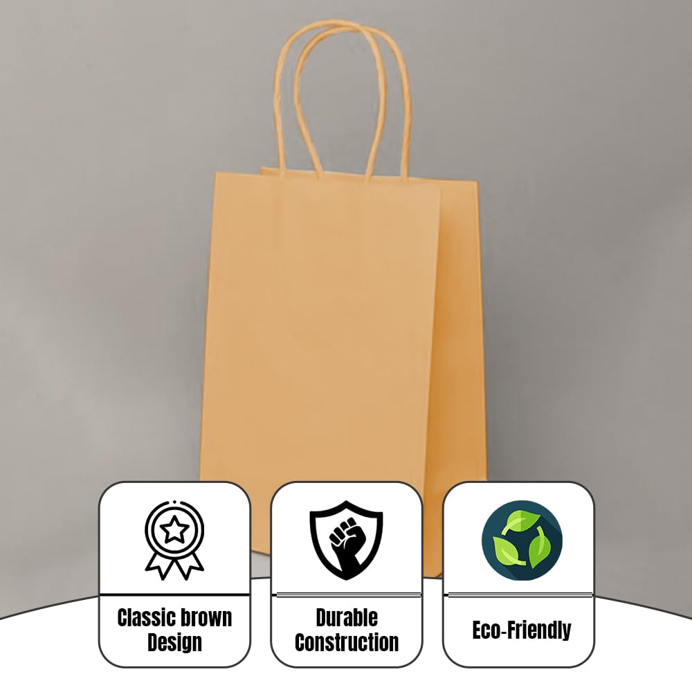 Venuscello® 50 x Twisted Handle Paper Bags 19.30cm x 21.84cm x 8.12cm Brown Kraft Carrier Party Bag for Shopping Cloths & Jewellery - 7.6 x 8.6 + 3.2 in