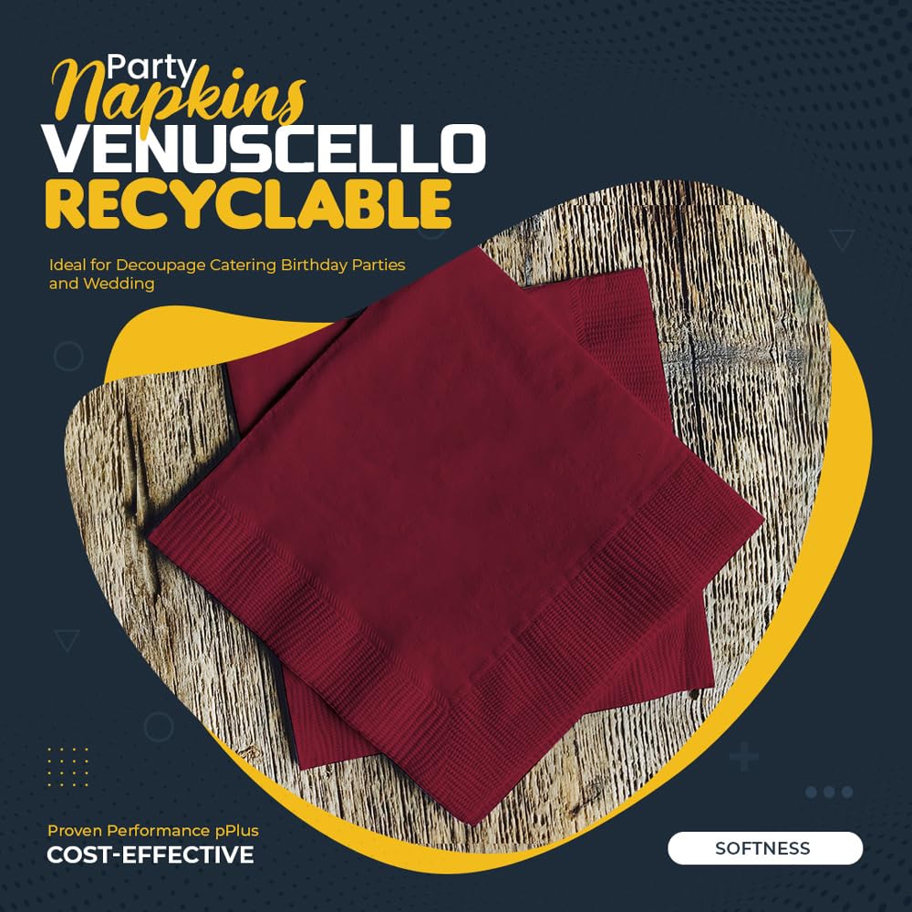 Venuscello® 12000 x Cocktail Serviettes Tissue Paper Napkins 2ply Burgundy Disposable & Recyclable for Wedding, Birthday Party - 23cm x 23cm