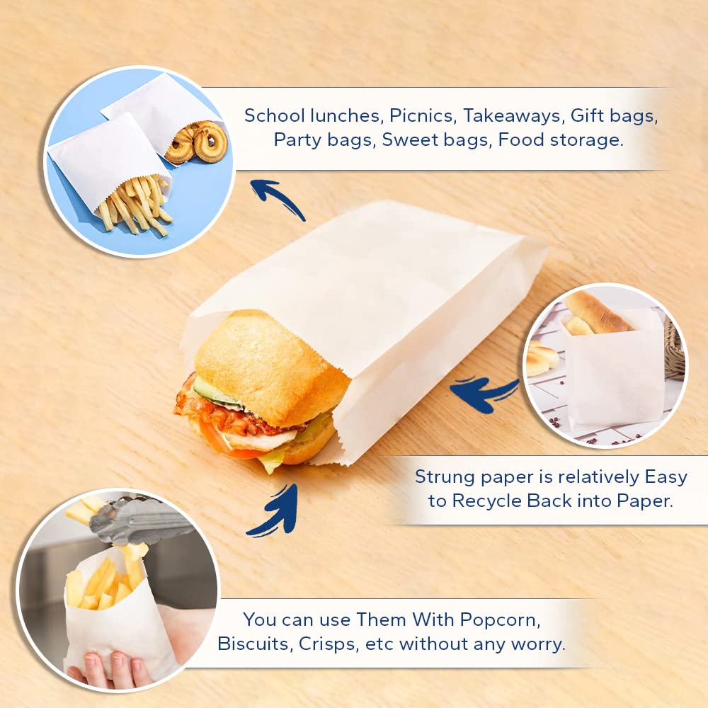 Venuscello® 100 x Kraft Paper Bags 7" x 7" Sulphite Strung White Food Bag for Sandwich Candy Cookies & Grocery