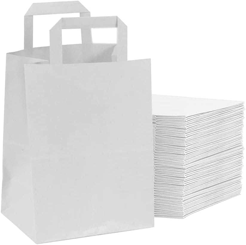 Venuscello® 100 x Paper Bags with Handles Takeaway SOS Food Carrier White Kraft Bag Flat Handle for Food Sweet Gifts Shopping Cloths Jewellery - 7" x 9" x 3.5"